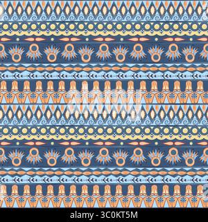 Ethnische Folklore Ornament nahtloses Muster, geometrische Formen. Abstrakte bunte Aquarellabbildung isoliert auf blauem Hintergrund. Für Indigene Menschen Stockfoto