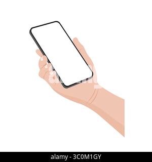 Smartphone in Handhaltung mit leerem Bildschirm auf weißem Hintergrund. Vektorabbildung. Stock Vektor
