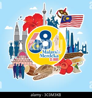 Vektorabbildung. Malaysia Unabhängigkeitstag, 31. August. 68 Jahre Unabhängigkeitstag. Malaysia Day Banner und Poster Design für soziale Medien und Print Stock Vektor