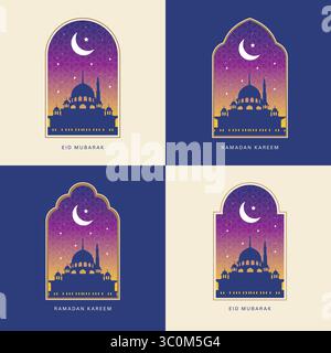 Vektor-Illustration des modernen Stils Ramadan Kareem und Eid Mubarak Grußkarten. Fenster und Bögen mit Mond, Moschee Kuppel und islamischem Muster Stock Vektor
