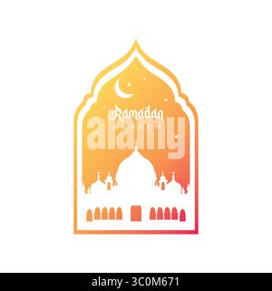 Vektor-Illustration der Ramadan Kareem Grußkarte. Silhouettenmoschee im orangefarbenen islamischen Bogen Stock Vektor