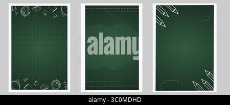 Vektorset mit Back-to-School-Vorlagen mit grünem Tafel, Schulbedarf, Globus, Rucksack, Bleistiften. Design mit Platz für Text, perfekt für Grußkarten, Poster und Webbanner. Stock Vektor