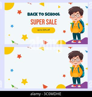Vektorsatz von Vorlagen zum Thema Schule mit hellen Akzenten, Kreisen, Sternen auf weißem Hintergrund. Fröhlicher Schuljunge in Brille mit blauem Rucksack. Platz für Text. Back-to-School-Design. Verkaufsbanner. Stock Vektor