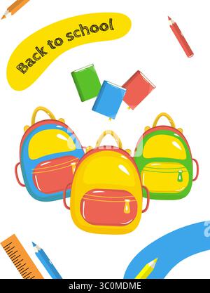 Helle Vorlage im Schulstil mit Rucksack, Büchern und bunten Bleistiften auf weißem Hintergrund. Vektorillustration für Anzeigen, Banner und Design Stock Vektor
