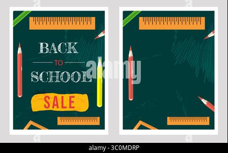 Vektorsatz von Back-to-School-Verkaufsschablonen mit grünem Tafel-Hintergrund, hölzernem Lineal, Bleistiften und Schulbedarf. Platz für Text, perfekt für Werbeaktionen, Banner und Web-Anzeigen. Stock Vektor