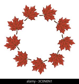 Kreisförmiger Rahmen mit Blättern aus rotem Ahornholz im Herbst-Cartoon-Stil. Herbstsaison Vektor isolierte Illustration auf weißem Hintergrund Stock Vektor