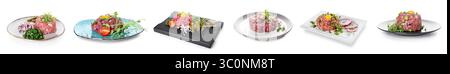 Set von leckerem Rindfleischtartar auf weißem Hintergrund Stockfoto