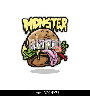 Monster Mascot Logo Design Vektor mit modernem Illustrationskonzept Stil für Abzeichen, Emblem und T-Shirt Druck. Monster Burger Illustration. Stock Vektor