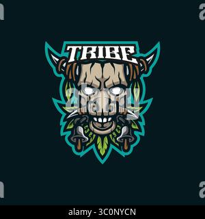 Tribe Maskottchen Logo Design Vektor mit modernem Illustrationskonzept Stil für Abzeichen, Emblem und T-Shirt Druck. Abbildung des Stammes-Bullen-Gesichts. Stock Vektor