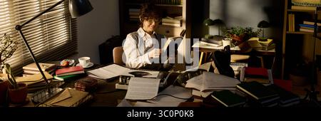 Kaukasische junge Erwachsene Frau, die an einem überladenen Schreibtisch sitzt und Bücher liest, umgeben von Stapeln von Papieren und Büchern, Sonnenlicht durch das Fenster strömt, scheint auf das Studium konzentriert zu sein Stockfoto