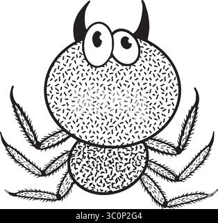 Eine verspielte und skurrile Illustration, die einen Krabbencharakter mit amüsanten Teufelshörnern zeigt und Charme ausstrahlt. Handgezeichnete Vektor-Schwarzweiß-Grafiken in Strichgrafik Stock Vektor