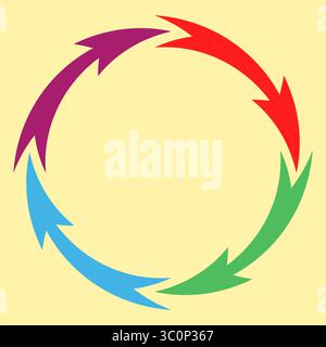 Kreisförmiger Pfeilzyklus. Vier bunte Pfeile. Abbildung des Prozessablaufs. Symbol für Vektordrehung. Stock Vektor