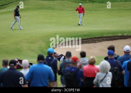 Japans Hideki Matsuyama am 19. Juli 2025 auf dem 17. Loch während des 3. Tages der British Open Golf Championships 2025 im Royal Portrush Golf Club in Portrush, Nordirland. (Foto: Koji Aoki/AFLO SPORT) Stockfoto