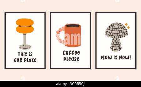 Innenplakate mit Dopamin-Dekor. Trendige Wandkunst mit verschiedenen Objekten in schlichtem, flachem Stil. Moderne, naive Innendekoration, Gemälde Stock Vektor