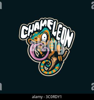 Chamäleon Maskottchen-Logo mit modernem Illustrationskonzept für Abzeichen, Emblem und T-Shirt. Illustration des Chamäleons klettert. Stock Vektor