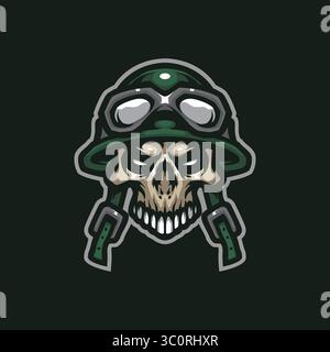 Design mit Militärmaskottchen und modernem Illustrationskonzept für Abzeichen, Emblem und T-Shirt. Skull Military Illustration. Stock Vektor