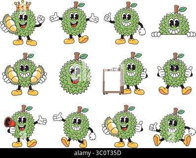 Cartoon Durian Mascot Charakterset – 12 Lustige Posen Stock Vektor
