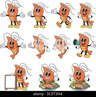 Shrimp Mascot Charakterset – der süße Koch posiert mit Meeresfrüchten und Schildern Stock Vektor