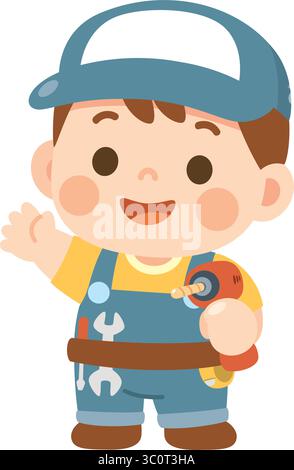 Niedlicher Cartoon Boy Mechaniker mit Werkzeugen und Kappe Stock Vektor