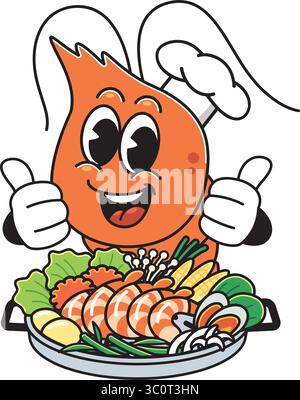 Happy Shrimp Chef with Seafood Teller Giving Thumbs up – Cute Food Cartoon Stock Vektor