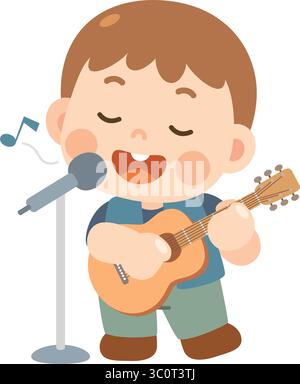Niedlicher Cartoon Boy, der Gitarre spielt und singt Stock Vektor