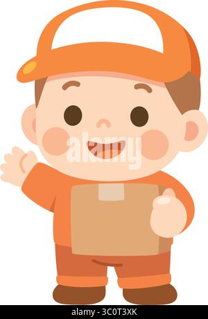 Niedliches Cartoon Delivery Boy, das Paket in Uniform hält Stock Vektor