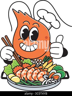 Cute Shrimps Chef Cartoon Genießt Meeresfrüchte Platte – Japanische Lebensmittel Illustration Stock Vektor