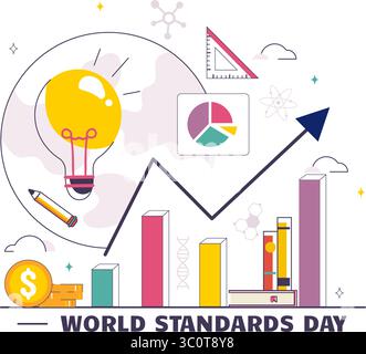 World Standards Day Vector Illustration am 14. Oktober mit Globe, Stoppuhr, Lineal Skala und Qualitätstafel in einem flachen Cartoon Hintergrund Stock Vektor