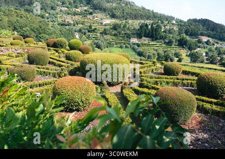 Ein topiärer Garten in den Hügeln von Ponte de Lima, Portugal, mit gepflegten Hecken und geschnitzten Büschen, umgeben von einer terrassenförmig angelegten Landschaft Stockfoto