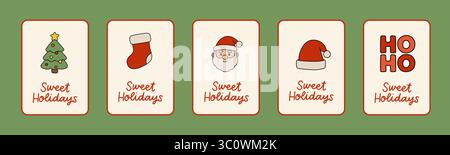 Festliches horizontales Banner mit fünf süßen Sweet Holidays-Karten, Weihnachtsbaum, Strumpf, Weihnachtsmann, Hut und HO HO HO-Schriftzug. Perfekt für die Saison Stock Vektor