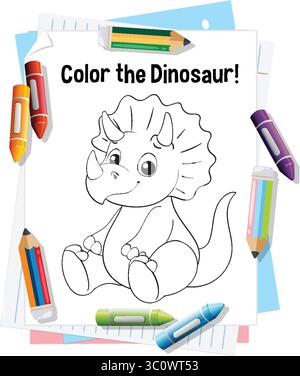 Entzückende Dinosaurier-Illustration für Kinder zum Ausmalen. Mit verspielten Buntstiften und einfachen Konturen für einfaches Ausmalen Stock Vektor