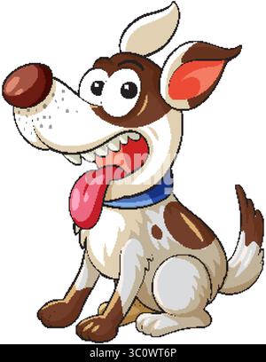 Verspielter Zeichentrickhund mit braunen Flecken und blauem Kragen sitzt, Zunge heraus, in einem hellen, flachen Vektor-Illustrationsstil auf weißem Hintergrund Stock Vektor