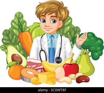 Vector illustration of a smiling young male nutritionist in a white coat with assorted fruits, vegetables, fish, and dairy in the foreground Stock Vektor