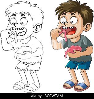 Eine verspielte Illustration eines Jungen, der Gummiwürmer genießt, mit leuchtenden Farben und einem Cartoonstil Stock Vektor