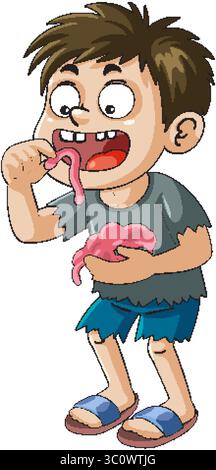 Ein verspielter Cartoon-Junge, der gerne Würmer isst und Humor und Abenteuer in einem farbenfrohen Vektor-Stil zeigt Stock Vektor