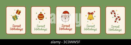 Horizontales festliches Banner mit fünf süßen Weihnachtskarten, Geschenken, Ornamenten, Weihnachtsmann, Glocke und Zuckerstangen. Perfekt für saisonale Designs Stock Vektor