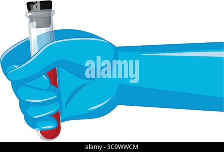 Vektor-Illustration einer blauen Hand, die ein mit einer Kappe versehenes Reagenzglas mit roter Flüssigkeit fasst, mit klaren Linien und minimaler Schattierung Stock Vektor