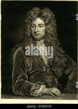Mezzotint Porträt von Sir John Vanbrugh von John Faber dem Jüngeren nach Sir Godfrey Kneller. Stockfoto