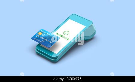 Kontaktloses Zahlungsgerät mit Kreditkarte und genehmigtem Transaktionsbildschirm, POS-Terminal, NFC-Konzept, 3D-Illustration Stockfoto