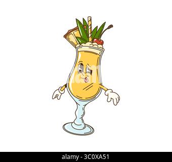 Cartoon-Pina-Colada-Cocktail-Charakter. Cocktail oder Getränkeglas der 70er Jahre, fröhlicher Charakter. Pina Colada Party tropischer Cocktail mit Ananas isolierte Vektorpersönlichkeit Stock Vektor