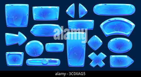 Blaue Winter Eiskristall-Tasten-Schnittstelle. Spiel-GUI-Elemente-Set mit Vektoren gefrorenen Schneeblöcken. Eisrahmen, Tafeln, Bretter, Pfeile und Schieberegler mit Eisrissigkeit Stock Vektor