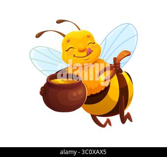 Zeichentrickfigur mit Honigbiene, die einen Topf mit Honig und Holzlöffel hält. Vektorinsektenlecken der Lippen mit zufriedenem Ausdruck. Lustiges Bienenzuchtmaskottchen für Honigernte und süße Produktsammlung Stock Vektor