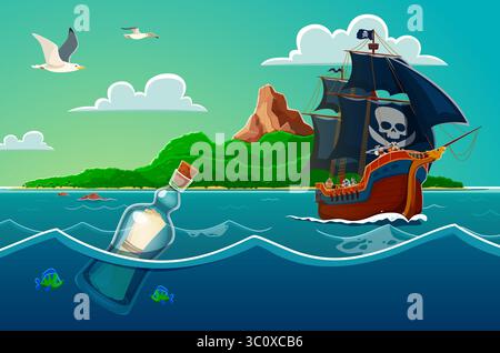 Glasflasche in Meereswellen und Piratensegelschiff. Comic-Vektor-Abenteuer, Schatzsuche oder nautische Geschichtenszene mit einem Schiff in der Nähe einer tropischen Insel, einer schwimmenden Nachrichtenflasche und fliegenden Möwen Stock Vektor