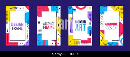 Abstrakte, geometrische Poster mit Memphis-Mustern und Elementen. Vektorrahmen oder Rahmenvorlagen, moderne Hipster-Layouts. Lebendige Hintergründe, Karten mit futuristischem Retro-Flair Stock Vektor