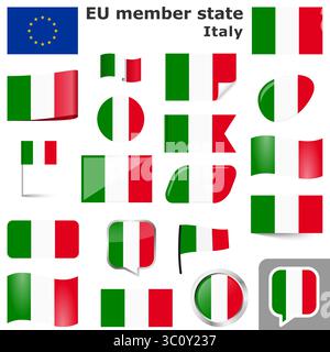Sammlung von Fahnen und Knöpfen mit Nationalfarben Italiens Stock Vektor