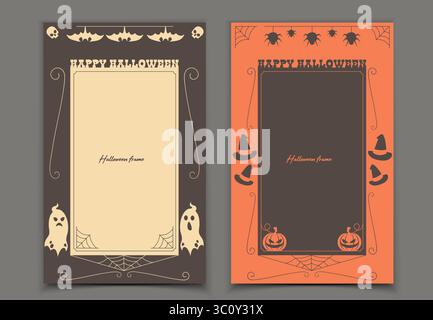 Halloween Social-Media-Rahmenvorlagen. Gruseliges braunes Randdesign mit Fledermäusen und Schädeln, Geistern und Spinnweben. Orangefarbenes Layout mit Spinnen, Kürbissen und Hexenhüten. Vertikale Rahmen für Stories Stock Vektor