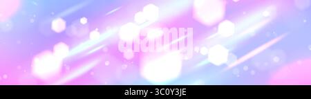 Funkelnder Einhornhintergrund mit traumhaften Bokeh-Lichtern, magischem rosa und blauem Farbverlauf und leuchtenden Kugeln, die in weichen Pastellwellen schweben, für ein fantastisches Design. Schimmernde Partikel in ätherischer Atmosphäre. Stock Vektor