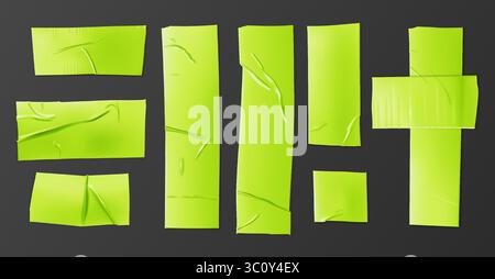 Grüne Klebebandstreifen mit realistischen Falten. Verschiedene Größen und Formen von Limette Scotch Stücken. Klebende Papierflicken für Büronotizen, Reparaturen oder Scrapbooking-Projekte auf dunklem Hintergrund. Stock Vektor