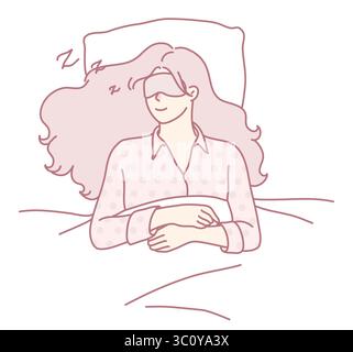 Eine heitere Illustration einer Frau, die friedlich in einem gemütlichen Pyjama und einer Augenmaske schläft, die Entspannung verkörpert Stock Vektor