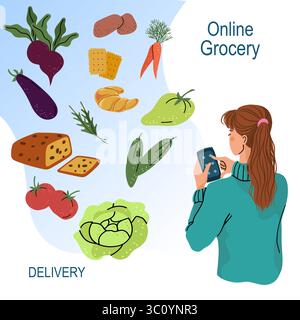 Das Konzept von Frauen, die Lebensmittel online bestellen Stock Vektor